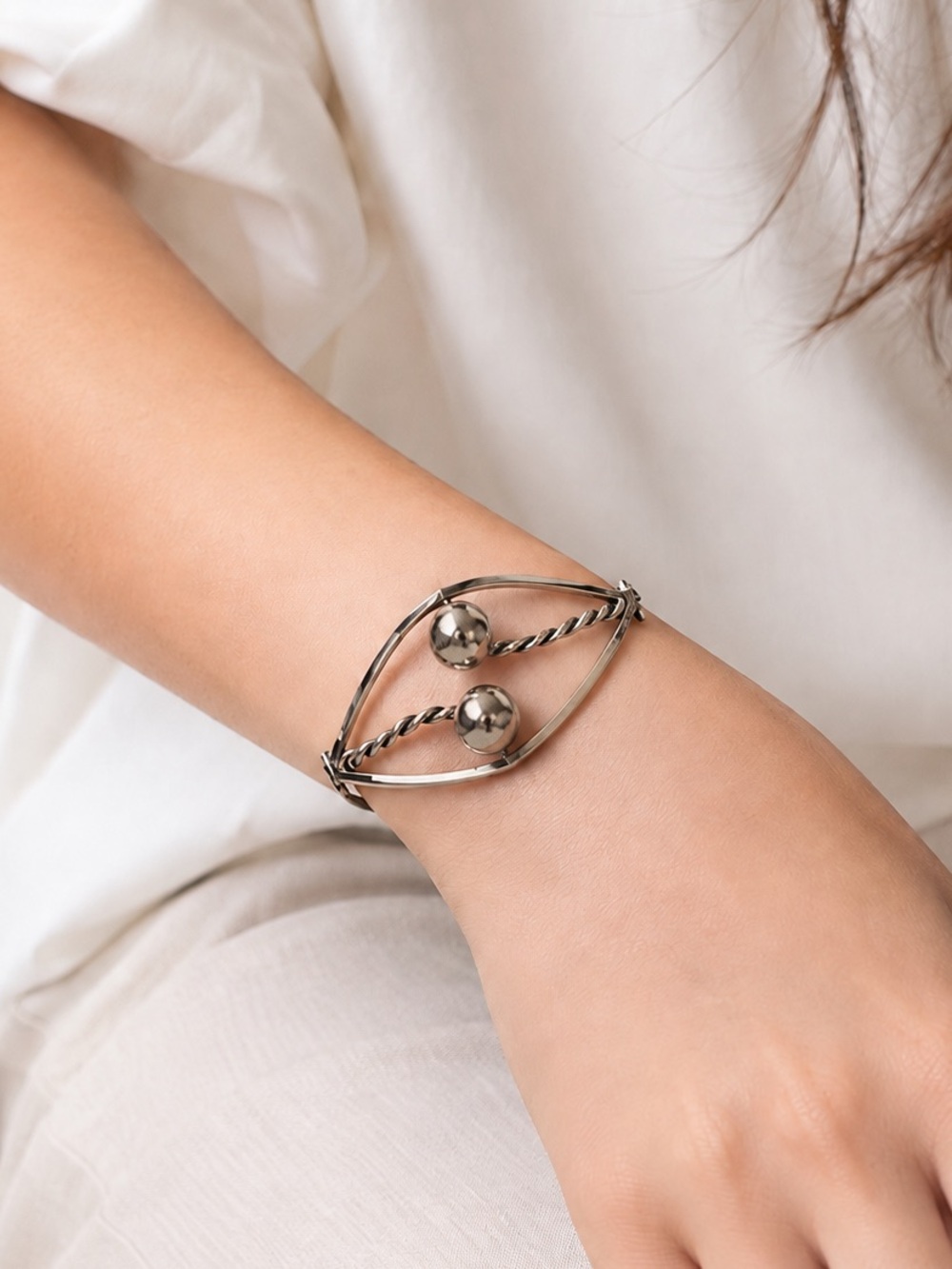 Vintage Sterling Silver 925 Double Ball Hinged Cuff Bracelet Twisted Wire